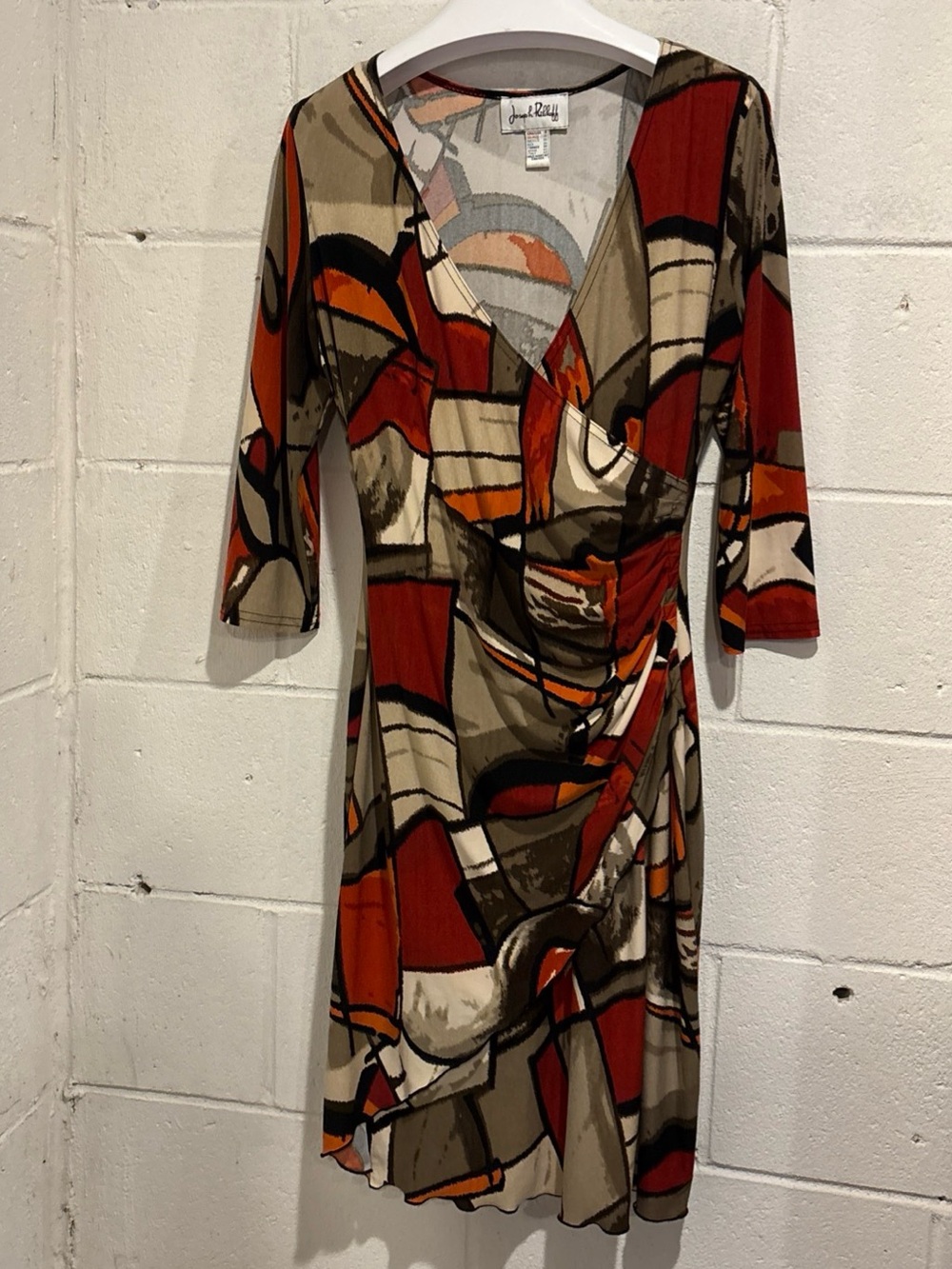 Joseph Ribkoff faux wrap dress abstract geometric rust print midi size 8
